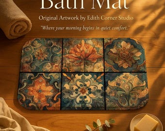 Boho Floral Mosaic Bath Mat – Blue, Orange, Cream Memory Foam Rug