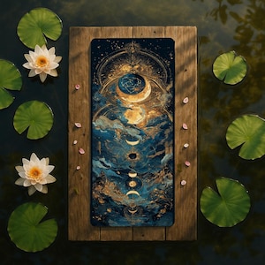 May include: A rectangular yoga mat with a celestial design featuring phases of the moon, clouds, and stars in shades of blue, gold, and white. The mat is set on a wooden frame, surrounded by water lilies and lily pads.