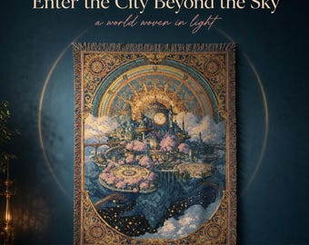 Celestial City Woven Blanket, Fantasy Tapestry Throw, The City Beyond the Sky
