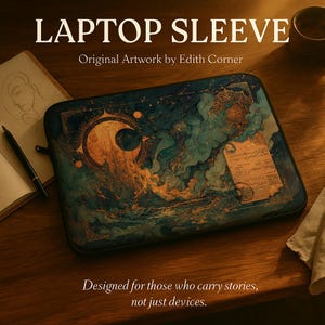 Puede incluir: Funda para portátil con un diseño celestial que presenta una luna creciente y nubes arremolinadas en tonos de azul, dorado y verde azulado. Se muestra el texto "LAPTOP SLEEVE" y "Original Artwork by Edith Corner". Diseñado para quienes llevan historias, no solo dispositivos.