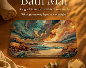 Alfombrilla de baño abstracta con diseño costero: alfombrilla de baño con paisaje oceánico en azul, dorado y beige, suave, antideslizante y con espuma viscoelástica, ideal para la decoración estética del baño.