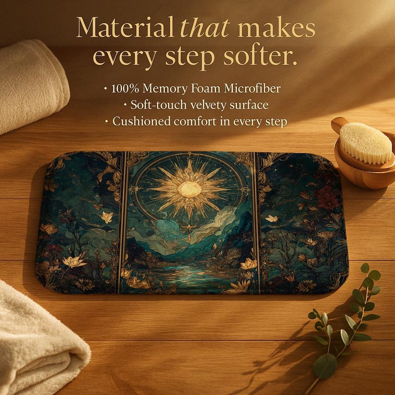 Tapete de Banho Celestial Art Déco, Tapete de Banheiro Macio de Espuma Viscoelástica Antiderrapante, Design Estético de Raios de Sol Fantásticos imagem 5