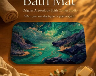 Celestial Landscape Bath Mat - Teal & Blue River Bath Mat, Soft Memory Foam Anti-Slip Bathroom Rug, Neutral Spa Bathroom Decor