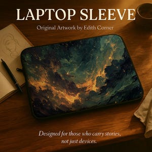 以下が含まれることがあります： 青、緑、オレンジ色で渦巻く星雲の鮮やかな芸術的描写が施されたラップトップスリーブ。「LAPTOP SLEEVE」と「Original Artwork by Edith Corner」の文字が表示されています。下部には「Designed for those who carry stories, not just devices.」と書かれています。
