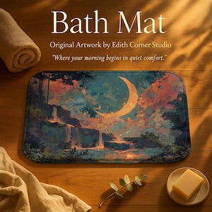 Può includere: Tappetino da bagno rettangolare con un'opera d'arte originale raffigurante una luna crescente sopra una cascata. Il tappetino ha una palette di colori blu, arancione e verde. Il testo "Bath Mat" è in alto.