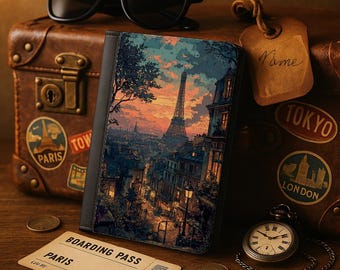 Porta-passaporte vintage em couro, Paris Cidade Luz, capa de passaporte charmosa com proteção RFID múltipla.