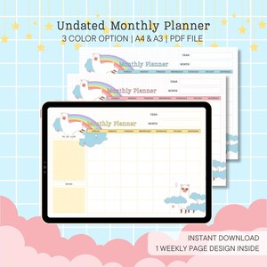 Op de afbeelding: Een ongedateerde maandplanner met een schattig lama- en regenboogontwerp. De planner is beschikbaar in drie kleuropties en A4 & A3 PDF-bestandsformaten. De afbeelding toont een tablet met de planner, samen met twee afgedrukte versies.