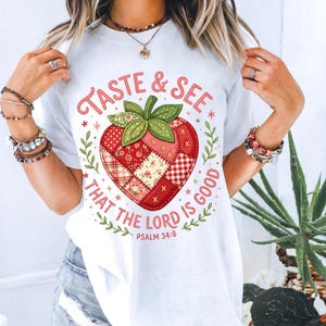 Taste and See Psalm 34:8 PNG | Cottagecore Patchwork Strawberry Clipart | Christian Bible Verse Sublimation Design