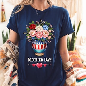 Patriotic Mother Day PNG  Red White Blue Floral Bouquet  USA Flag Vase Sublimation Design  4th of July Mom Shirt Art  Premium Digital