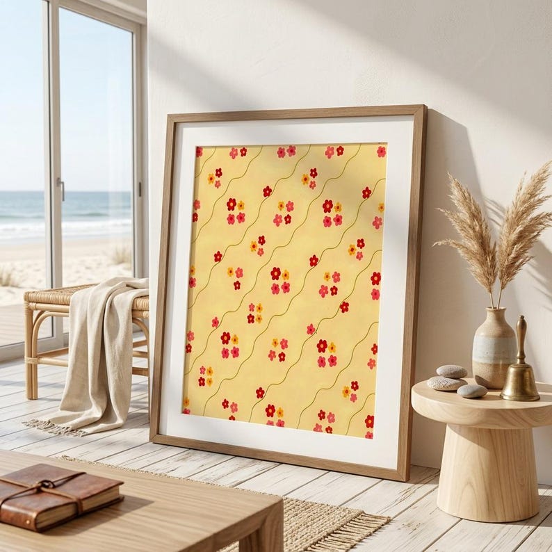 70s Retro Floral Seamless Pattern, Wavy Stem Botanical Print (digital ...