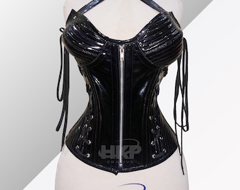 Corsetto overbust in PVC nero: corsetto con stecche in acciaio, abbigliamento da discoteca gotico