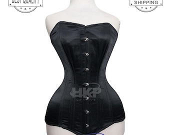 Black Satin Overbust Corset: Steel Boned Lace-Up Waist Trainer