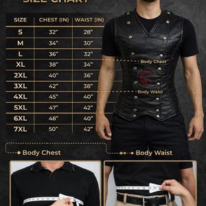 May include: Black corset vest with a size chart. The chart lists chest and waist measurements in inches, ranging from 32" chest and 28" waist to 50" chest and 42" waist. The image also shows how to measure body chest and waist.