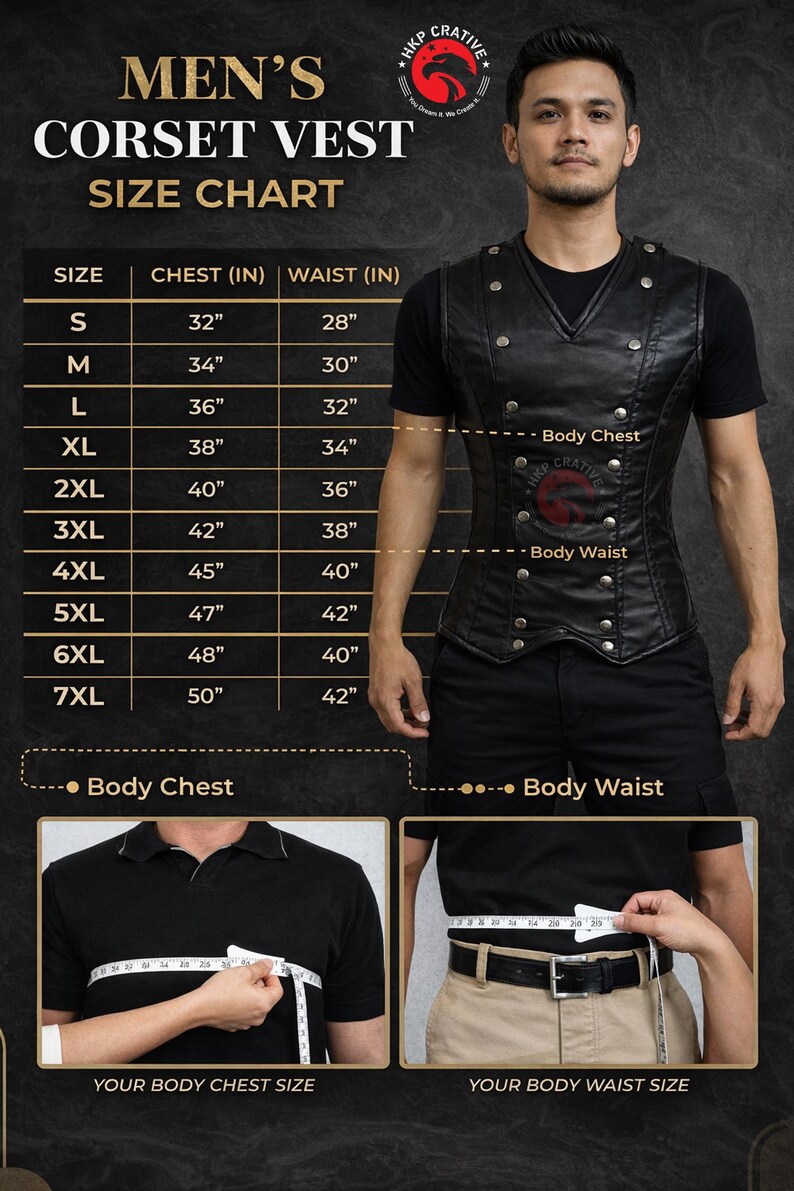 May include: Black corset vest with a size chart. The chart lists chest and waist measurements in inches, ranging from 32" chest and 28" waist to 50" chest and 42" waist. The image also shows how to measure body chest and waist.