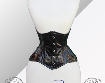May include: Black patent leather corset with silver metal clasps and eyelets. The corset is on a white mannequin. The text "HKP CREATIVE" is visible on the bottom of the image.