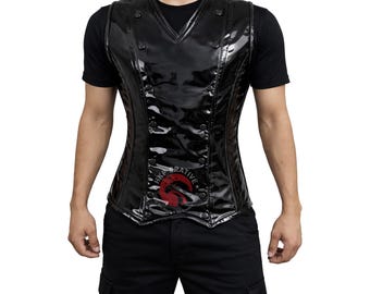 Men’s PVC Vinyl Corset Vest Steel Boned Gothic Steampunk Clubwear Waist Trainer Waistcoat