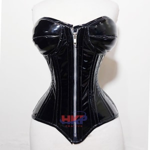 Corset en PVC noir, corset overbust en vinyle, corset d'Halloween steampunk avec fermeture à glissière et baleines en acier, corset gainant pour entraîneur de taille H17PZ