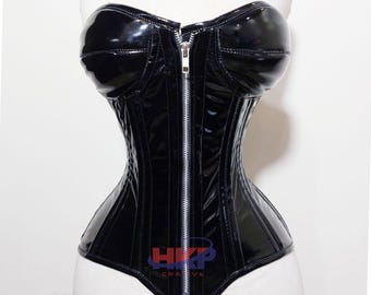 Black PVC Overbust Corset: Steel Boned Steampunk Waist Cincher