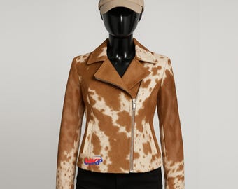 Handmade Hair-On Cowhide Leather Biker Jacket: Western Cowgirl Coat