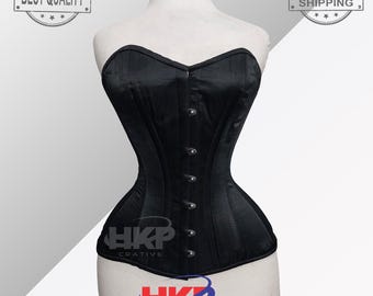Black Satin Overbust Corset: Lace-Up Boned Lingerie, Hourglass Waist Trainer