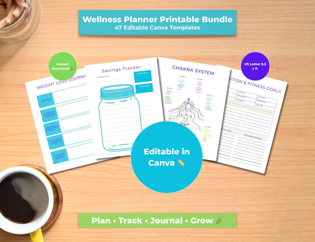 Wellness Planner Printable Bundle – 47 Editable Canva Templates for ...