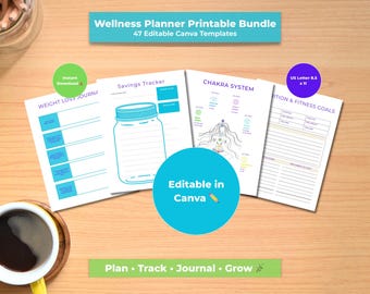 Wellness Planner Printable Bundle – 47 editable Canva templates for self-care, journaling, and daily tracking.