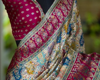 Kashmiri Kani Silk Saree: Ivory Floral Meenakari Weave
