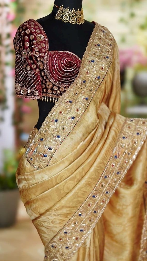 Banarasi Crepe Brocade Silk- Heavy Embroidered Boarder and Embroidered Ready made Blouse