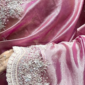 Dual-Shaded Handwoven Kanjivaram Silk Saree with Zarkan, Pearls, Sequins Border