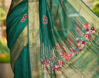 Green Handwoven Pure Tussar Silk Linen Saree | French Knot Floral Embroidery | Hand Embroidery
