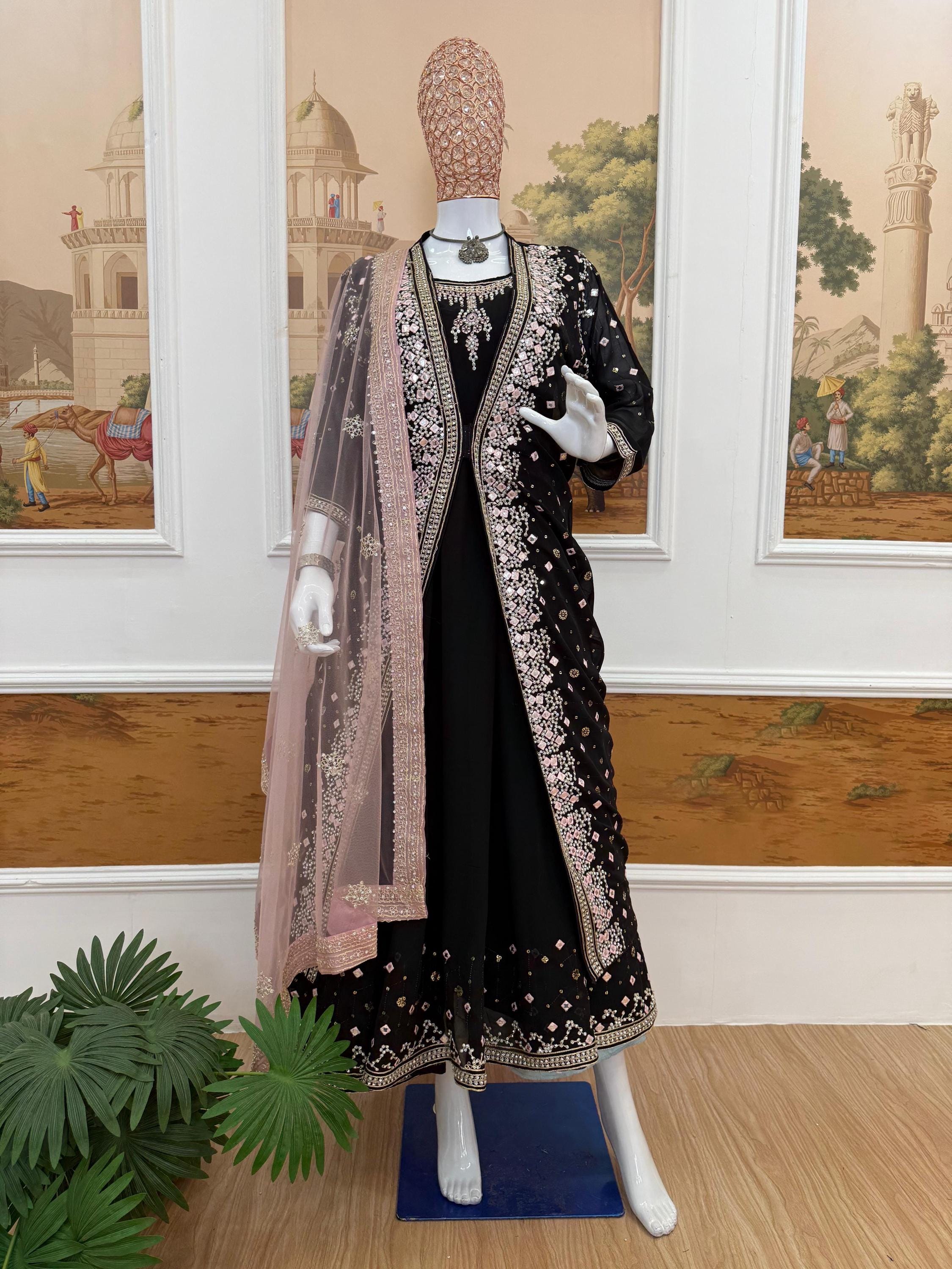 Black Gown, Koti & Duppatta Set | Embroidery Work | Crystal Stone Work -  Etsy