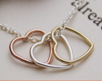 Sterling Silver Three Hearts Necklace: Gold & Rose Gold Filled