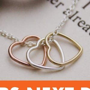 Tiny Three 3 Hearts Necklace in Sterling Silver, 14K Gold Filled , & Rose Gold Filled, Past Present Future Necklace