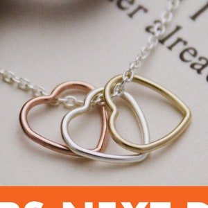 Tiny Three 3 Hearts Necklace in Sterling Silver, 14K Gold Filled , & Rose Gold Filled, Past Present Future Necklace