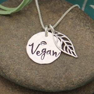 Vegan Leaf Necklace, Vegan Pride Necklace, Vegan Jewelry, Gift for Vegans, Sterling Silver Vegan Necklace, Animal Lover Gift, Vegetarian