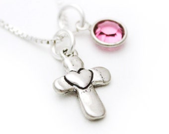 Sterling Silver Cross Heart Charm Necklace with Birthstone for Girls - Confirmation, Communition, Baptism Gift