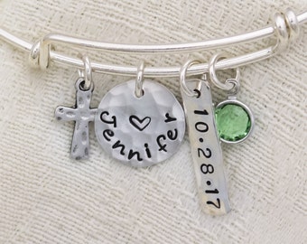 Personalized Confirmation Bangle, Communion Bracelet, Confirmation Gift, with Date Cross Adjustable Bangle Hand Stamped Sterling Silver