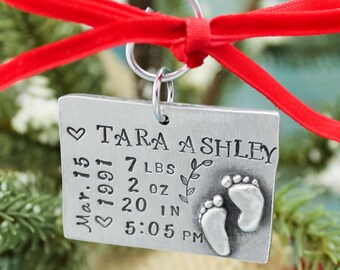 Personalized Baby's First Christmas Ornament, Baby Stats Christmas Ornament, New Baby Gift, Baby Gift, Personalized Hand Stamped Pewter