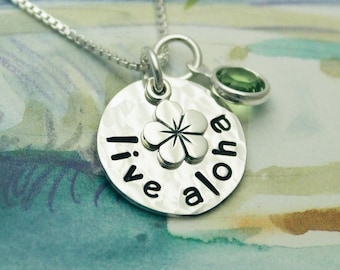 Live Aloha Necklace Aloha Hawaiian Plumeria Jewelry Personalized Hand Stamped Sterling Silver Necklace