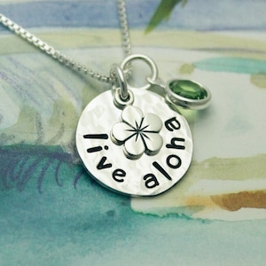Live Aloha Halskette Aloha Hawaiian Plumeria Schmuck Personalisierte Hand gestempelt Sterling Silber Halskette