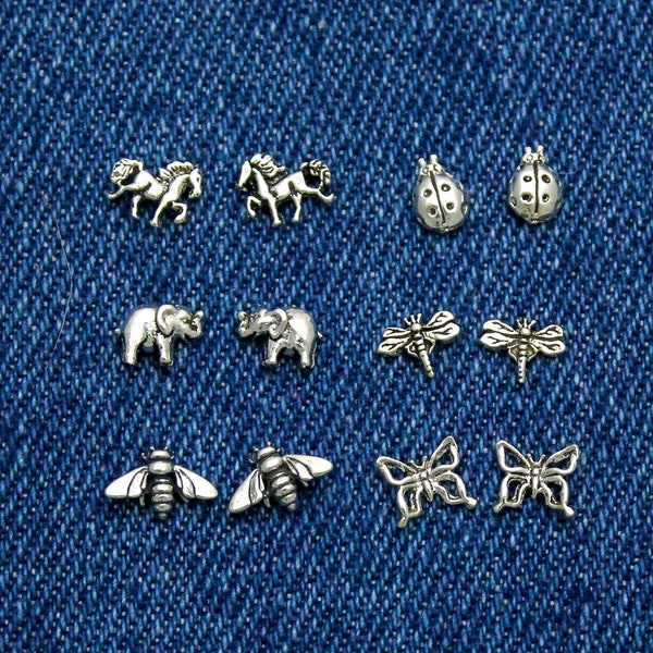 Animal & Insect Studs in Sterling Silver - Bumblebee, Lady Bugs, Butterfly, Horses, Elephants and Dragonfly, Minimalist Stud Earrings