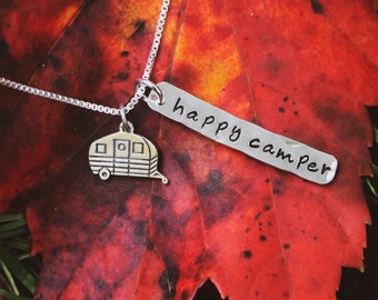 Sterling Silver Happy Camper Necklace, RV Airstream Silver Camper Charm, Travel Outdoors Camping Adventure Necklace, Hand-Stamped, Grad Gift
