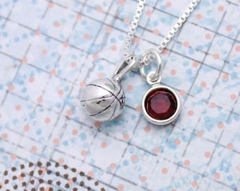 Personalized Basketball Necklace: Sterling Silver Charm, Swarovski Birthstone