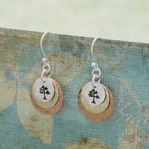 Layered Tree of Life Earrings: Sterling Silver, Brass & Copper