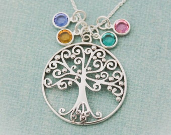 Swirly Tree of Life Necklace Mother's Family Tree Necklace with Birthstones Grandmother Tree of Life Jewelry Sterling Silver, Tree of Life
