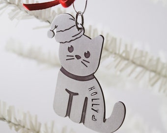 Winter Cat Christmas Ornament, Personalized Name Christmas Ornament, Custom Ornament, Cute Santa Kitten Ornament, Hand Stamped in Aluminum