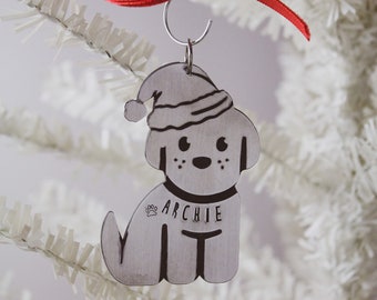 Winter Dog Christmas Ornament, Personalized Name Christmas Ornament, Custom Ornament, Cute Santa Dog Pet Ornament, Hand Stamped in Aluminum