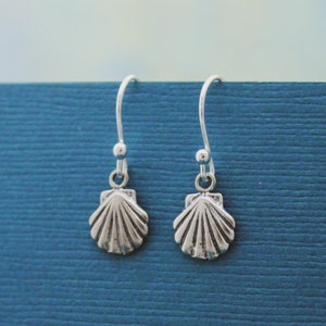 Puede incluir: Un par de pendientes de plata con diseño de concha. Los pendientes cuelgan de un fondo azul.