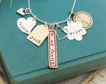 Personalized Charm Necklace, Mommy Necklace, Family Jewelry, Hand Stamped Jewelry, Mixed Metals Necklace, Mother's Day Gifts, Gifts for Her