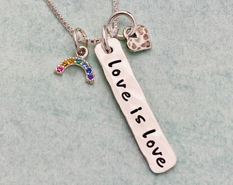 Love is Love Necklace, Cute Rainbow Pride Necklace, Valentine's Day Gift, LGBTQ+ Jewelry, Tiny Hand Stamped Charm Necklace, Rainbow Necklace